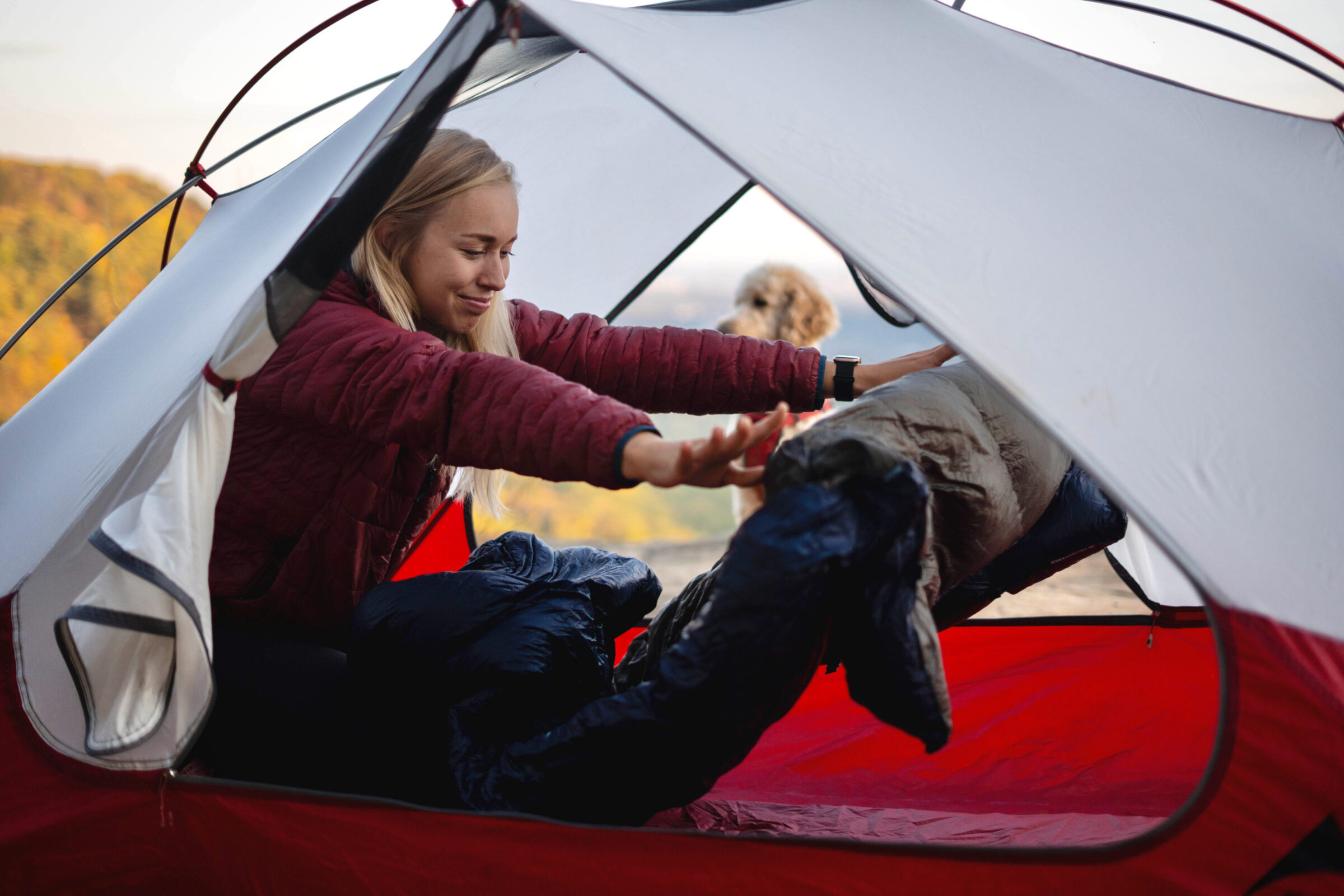 A sleeping bag compressed into a very small, grapefruit-sized stuff sack.