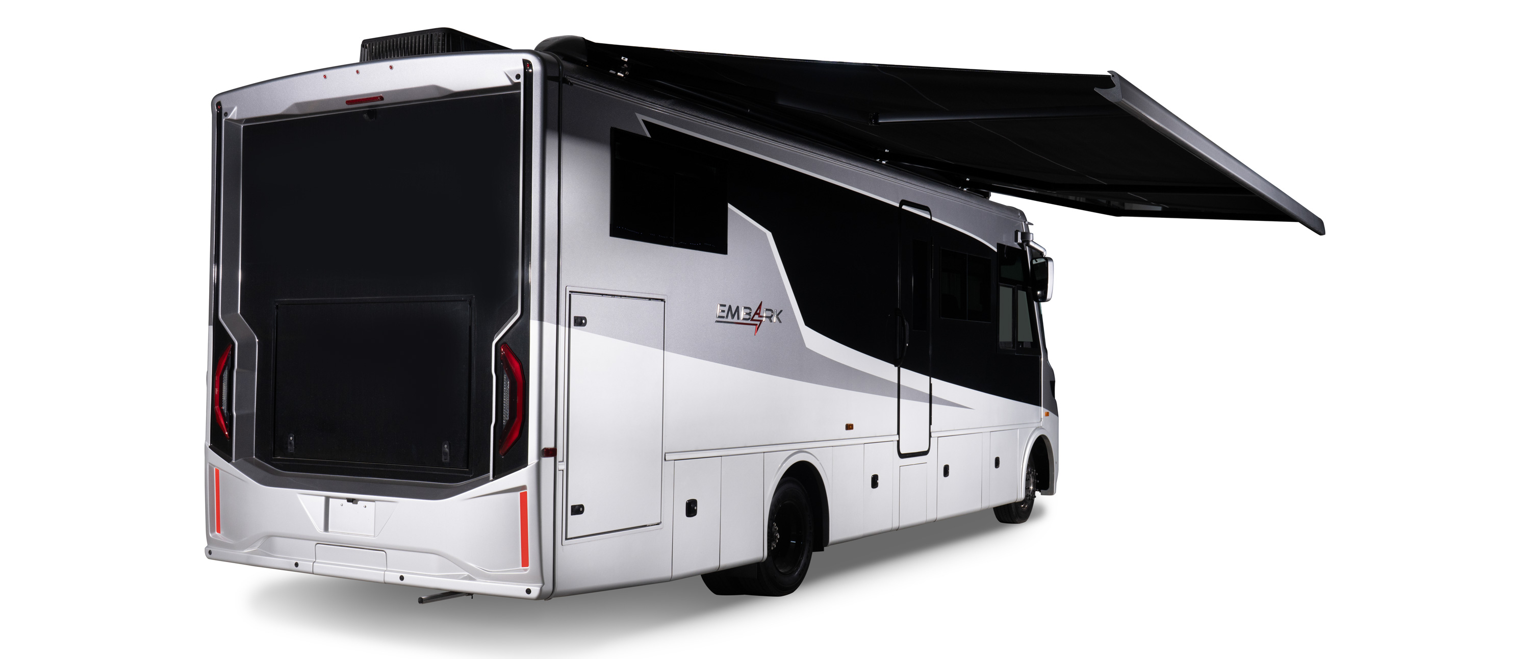 The Entegra Embark motorhome driving smoothly on a multi-lane highway.