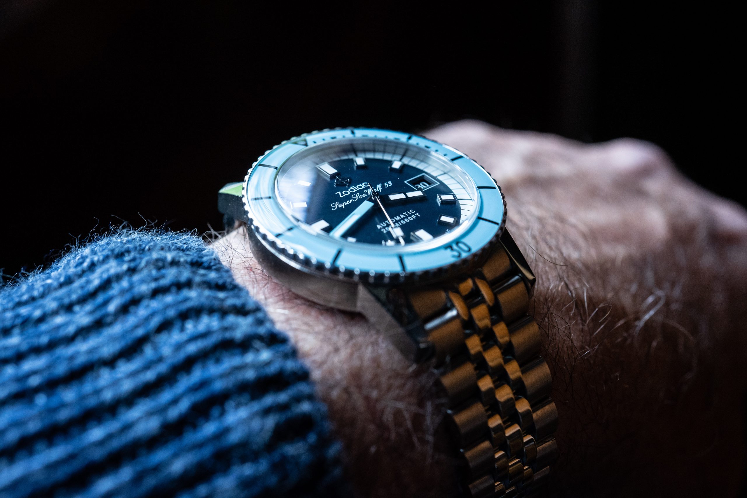 Zodiac Super Sea Wolf 53 blue dial on wrist